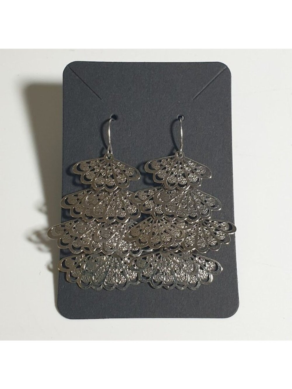 Silver Tiered Filigree Dangle Earrings Lightweight Drop Statement Jewelry Gift